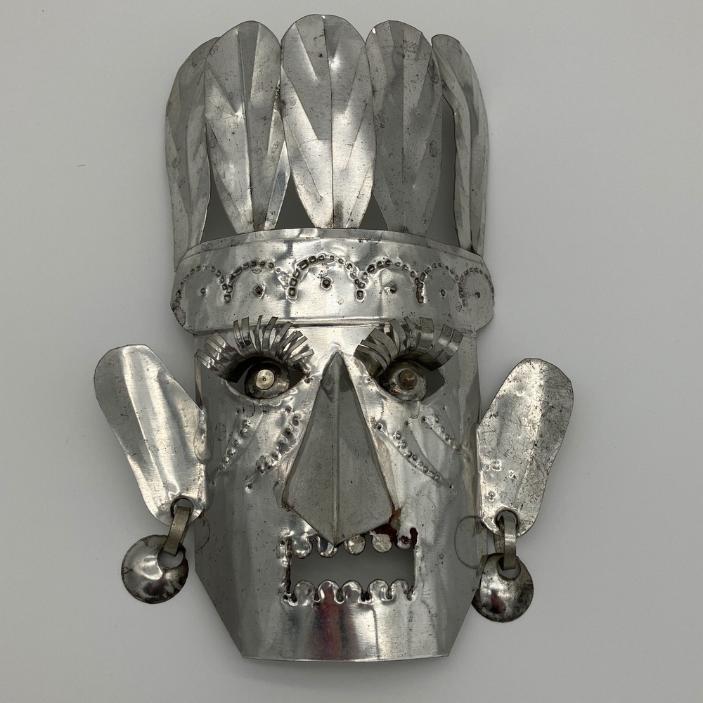 Vintage Mexican Folk Art Mask Hojalata 7in Silver Warrior Hand Punched Metal